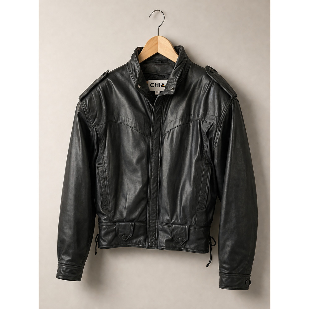 Vintage CHIA Leather Jacket Mens L Black Moto Cropped 80s Korea
